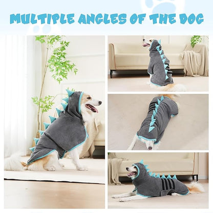 Super Absorbent Dog Bathrobe, Microfiber Bath Robe Towel for Fast Drying, Cozy Fit, Adjustable Belly Strap, Unique Dinosaur Design Dog Drying Coat for Bath, Rainy Walks & Cold Weather