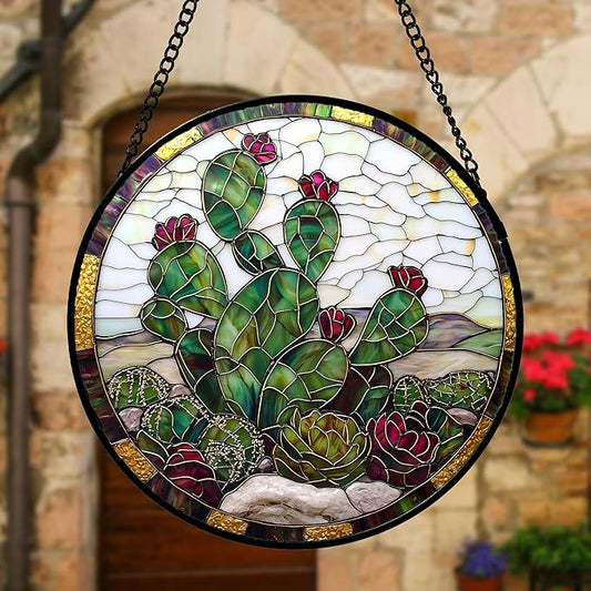 Stained Glass Window Hanging,Green Cactus Purple Flowers Suncatcher Diamond Glass Panel Sun Catchers Decor for Birthday for Women, Men, Wife, Aunt, and Mom 11.8x11.8 in