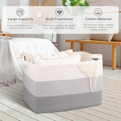 OIAHOMY Extra Large Blanket Basket, 95L Woven Storage Basket, Cotton Rope Toy Bin for Baby Room, Container for Storage in Living Room, 24''×17''×14'', Gradient Grey