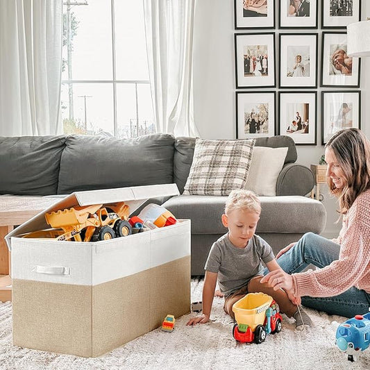 INDRESSME 25"x13"x16" Toy Box Toy Storage Organizer with Lid Collapsible Sturdy Toy Chest, Foldable Toy Bin for Living Room, Playroom, Bedroom, Toy Baskets Storage Kids, Boys, Girls (Beige & White)