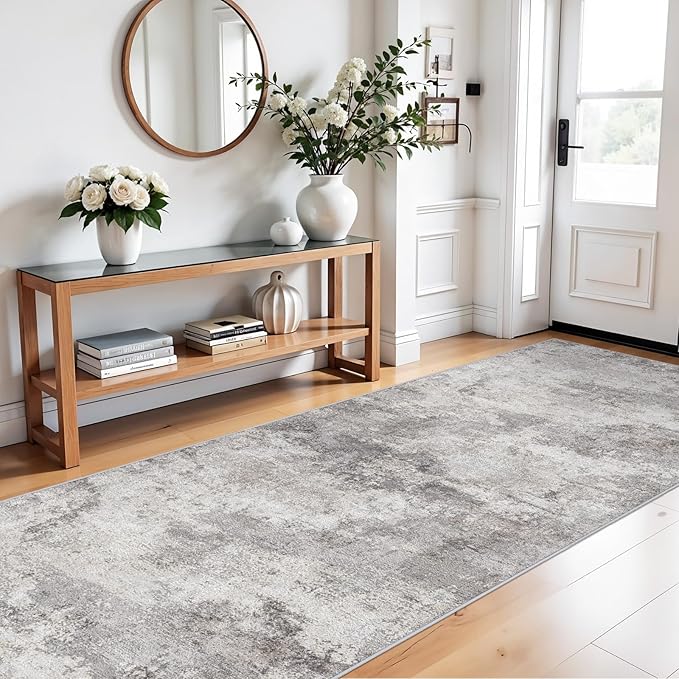 Washable Wide Runner Rug 4x10 : Modern Abstract Hallway Rugs - Non-Slip Thin Rug for Kitchen, Living Room, Bedroom - Easy Clean Carpet for Long Spaces - Soft Low Pile Floor Mat 4x10 Grey