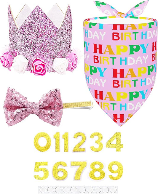 PET SHOW Pink Floral Hat, Bandana & Collar Bows Charms Set - Dog, Cat, Rabbit, Pig Birthday Gift - Reusable Adjustable Hat with 0-9 Figures, Pink for Girls - Apparel
