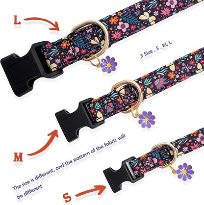 Faygarsle Cotton Designer Dogs Collar Cute Flower Dog Collars for Girl Female Small Medium Large Dogs with Purple Flower Charms XS
