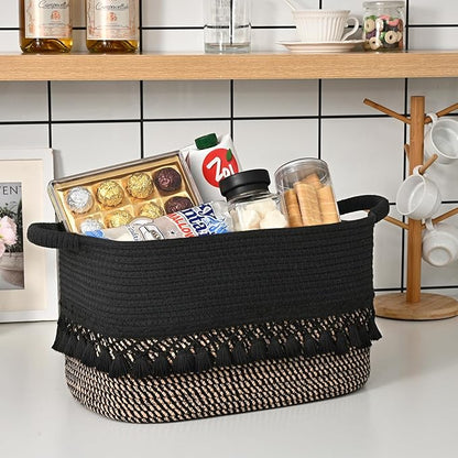 3 Pack Storage Basket for Shelves, Boho Cotton Rope Storage Bins with Heavy Tassel, Shelf Baskets Large Woven Baskets for Organizing, Cube Organizer Bins, Baby Laundry Basket for Clothes, Toys, Pets