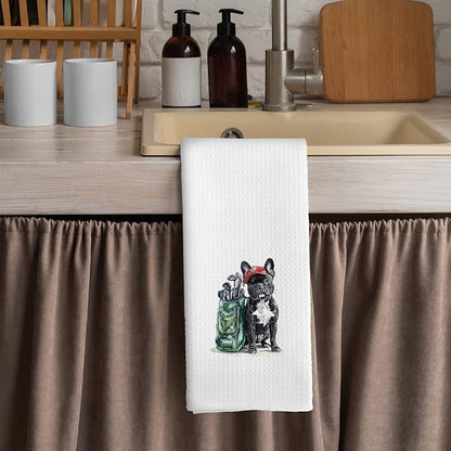 Golf Dog Kitchen Towels - French Bulldog Dish Towels, Sports Gifts, Pet Golf Club Decorative Absorbent Dishcloths Hand Towels for Kitchen Gym Spa Decor 16x24 Inches