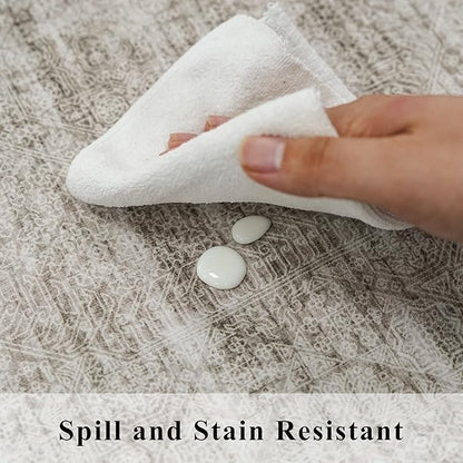 4x8 Washable Kitchen Area Rug: Farmhouse Stain-Resistant Abstract Rug for Living Room Bedroom Wide Soft Carpet for Entryway Dining Room Thin Hallway Floor Mat with Non Slip Backing(4x8,Beige/Ivory)