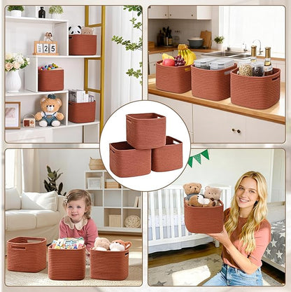 3 Pack Cube Storage Bin, 9”x9”x7” Cotton Rope Woven Baskets for Organizing Toys Clothes Towels, Square Gift Storage Baskets for Shelves, Nursery, Closet, Bathroom, Pantry (Red)