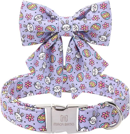 Maca Bates Easter Day Egg Dog Collar with Sailor Bow Tie for Extra Small Girl Boy Dogs, Purple Cute Bunny Rabbit Pattern,Adjustable Durable Soft Breakaway Collars for Male Female Puppy