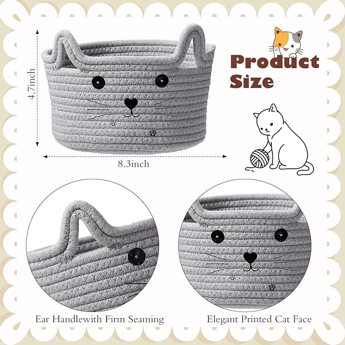 Zopeal Cat Basket Storage Woven Organizer with Ears Easter Decorative Pet Toy Cute Cotton Rope Basket for Gift Cat Dog Toy Bin Nursery Room(8.3 x 4.7 Inch,Light Gray)