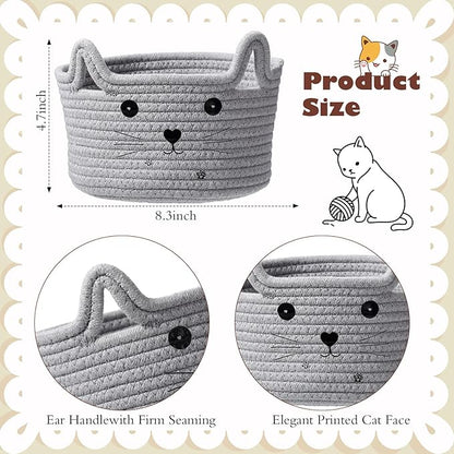 Zopeal Cat Basket Storage Woven Organizer with Ears Easter Decorative Pet Toy Cute Cotton Rope Basket for Gift Cat Dog Toy Bin Nursery Room(8.3 x 4.7 Inch,Light Gray)