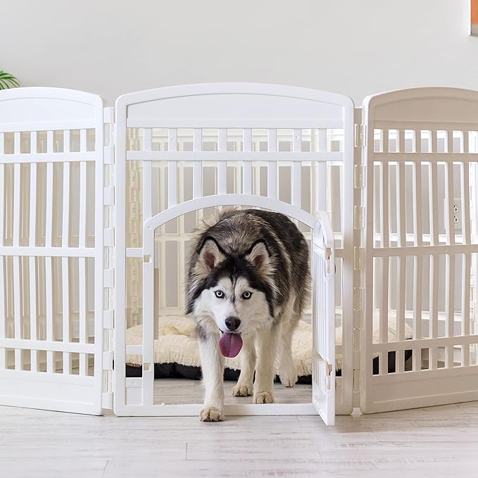 IRIS USA Dog Playpen 34" Tall Dog Playpen Indoor – 8-Panel Puppy Playpen with Door, 63 x 63 x 35, Extra Tall Dog Play Pen Indoors for Large Dogs, Plastic Pet Playpen, Indoor Dog Pen, White