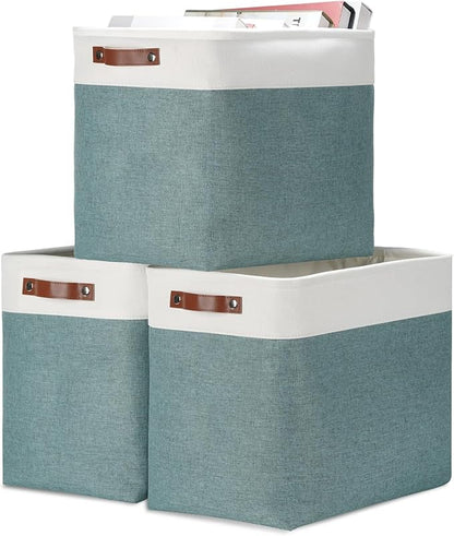 DULLEMELO Large Rectangular Baskets for Blankets 51L Canvas Storage Baskets for Organizing 3 Pack Collapsible Baskets Bins for Organizing Home Office with Handles (White&Deep Green)