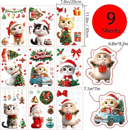 Christmas Window Clings Cat Stickers for Window Glass, 9 Sheets Xmas Decorations Christmas Cat Tree Bells Decals for Holiday Party(Cat2340)