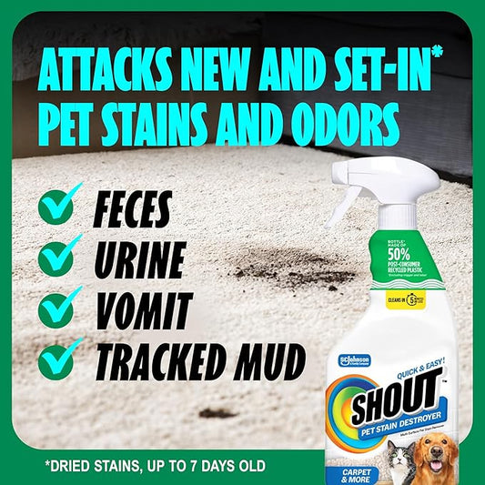 Shout Pet Stain Remover Spray, Color-Safe Multisurface & Carpet Cleaner Solution for Dog & Cat Urine, Feces, Vomit & Mud, Fights Odors & Remarking, Fast-Acting Cleans in 5 Minutes or Less, 22oz