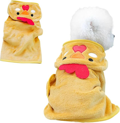 Dog Bathrobe with Hood Super Absorbent Soft Quick Drying Towel Wrap Adjustable Puppy Cat Bath Robe Towel for Cold Weather Beach Pool (Yellow Chicken, Medium)