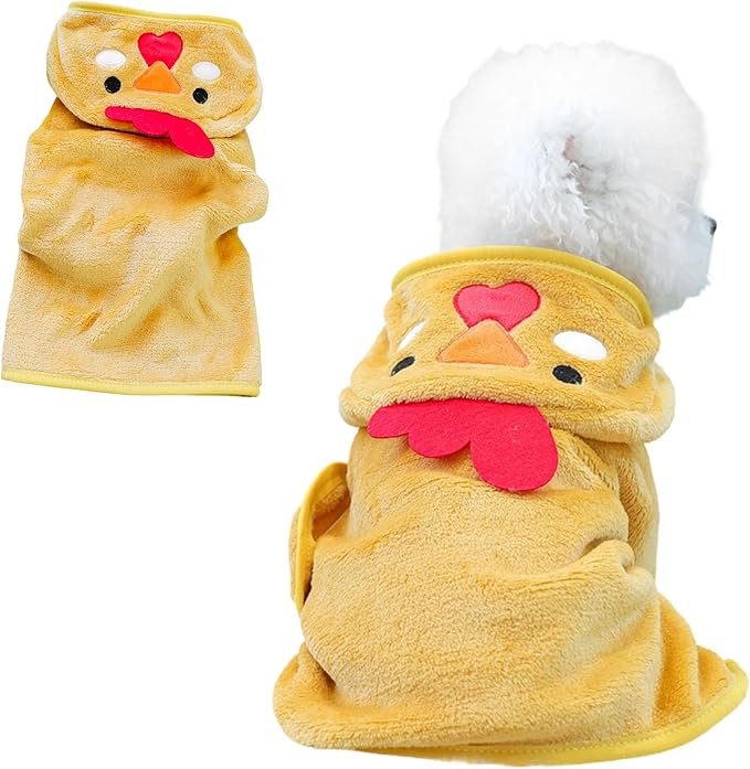 Dog Bathrobe with Hood Super Absorbent Soft Quick Drying Towel Wrap Adjustable Puppy Cat Bath Robe Towel for Cold Weather Beach Pool (Yellow Chicken, Large)