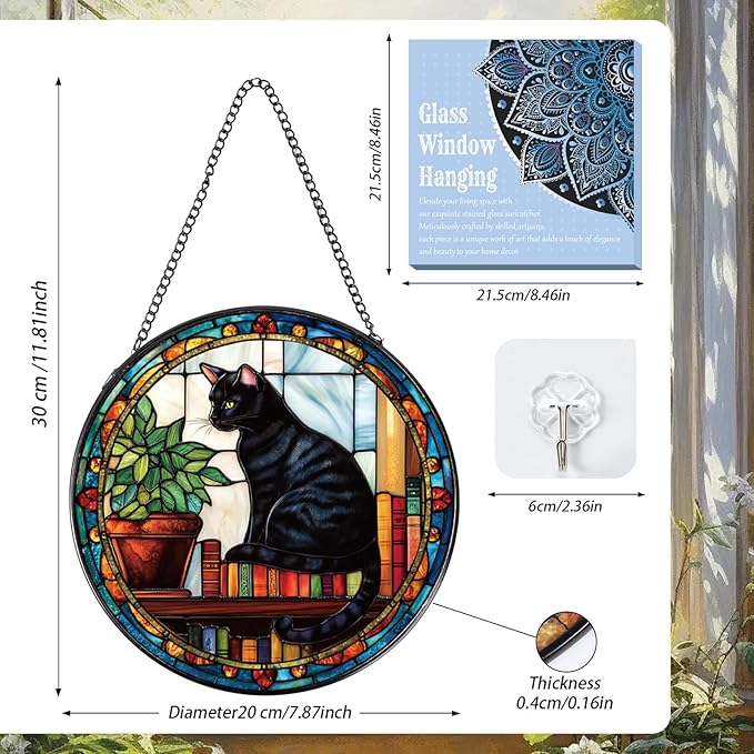 Black Cat Stained Glass Window Hanging Gifts for Women, 7.8″ Book Suncatchers for Indoor Window Decor, Decorative Sun Catchers Home Wall Art Gift for Thanksgiving Christmas Housewarming