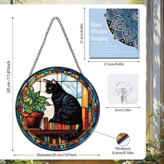 Black Cat Stained Glass Window Hanging Gifts for Women, 7.8″ Book Suncatchers for Indoor Window Decor, Decorative Sun Catchers Home Wall Art Gift for Thanksgiving Christmas Housewarming