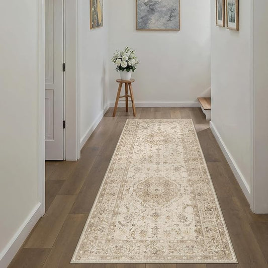 2x6 Beige Runner Rug Washable Hallway Vintage Carpet Kitchen Distressed Small Long Non Slip Low Pile Thin Bedroom Medallion Accent Throw Rug Laundry Living Room