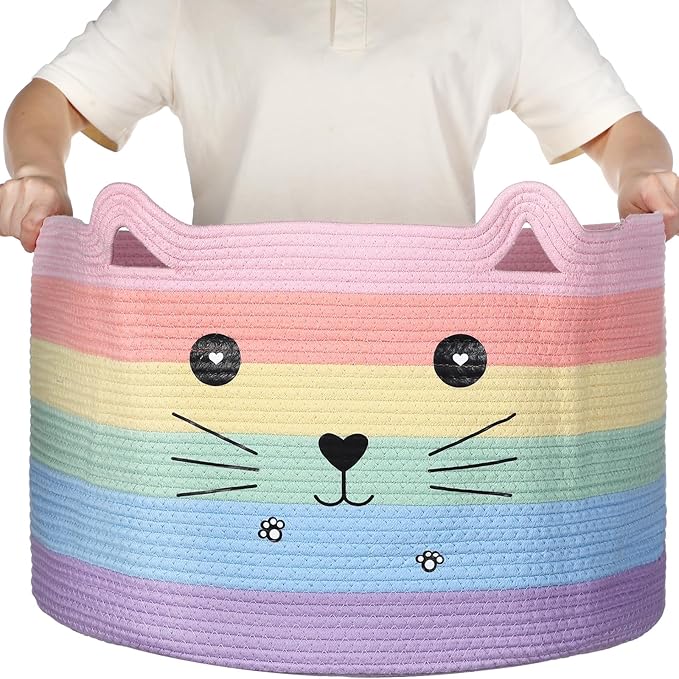Zopeal Cat Basket Storage Woven Organizer with Ears Easter Decorative Pet Toy Cute Cotton Rope Basket for Gift Cat Dog Toy Bin Nursery Room(21.7 x 13.8 Inch,Macaron Color)
