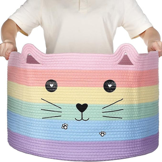 Zopeal Cat Basket Storage Woven Organizer with Ears Easter Decorative Pet Toy Cute Cotton Rope Basket for Gift Cat Dog Toy Bin Nursery Room(21.7 x 13.8 Inch,Macaron Color)