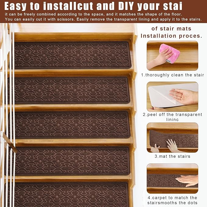 4Pcs Stair Treads for Wooden Steps Indoor with Self Adhesive, 8"x30" Non Slip Stair Runners-Peel & Stick Indoor Stair Carpet Runner, Resistant Indoor Runner for Kids、Elders and Pets,Dark Brown