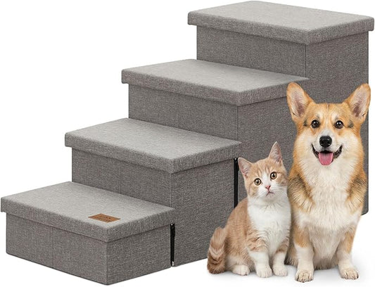 Dog Stairs with Storage 23" H, 4-Step Wider Dog Steps for High Beds Window, Folding Sturdy Pet Stairs Gift for Injured Old Dogs Cats, Ramp for Climbing Car Up to 200 lbs,(Gray, No Condo)