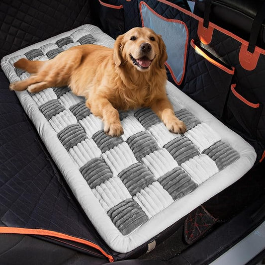 Soulbond Dog Bed for Car Back Seat Soft Plush Backseat Pet Bed Mat Non-Slip Travel Pet Mat, Fuzzy Plaid Dog Seat Cover, Fit for Backseat Extenders and Trucks SUVs (Gray and White, 54" x 24.8")