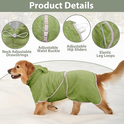 Dog Bathrobe Super Absorbent Towel Robe - Microfiber Bath Towels Fast Drying Coat for Dogs, Cute Dogs Clothes Adjustable Collar & Belly Strap Warm Keeping Hooded Dog Towel (Olive Green, X-Large)