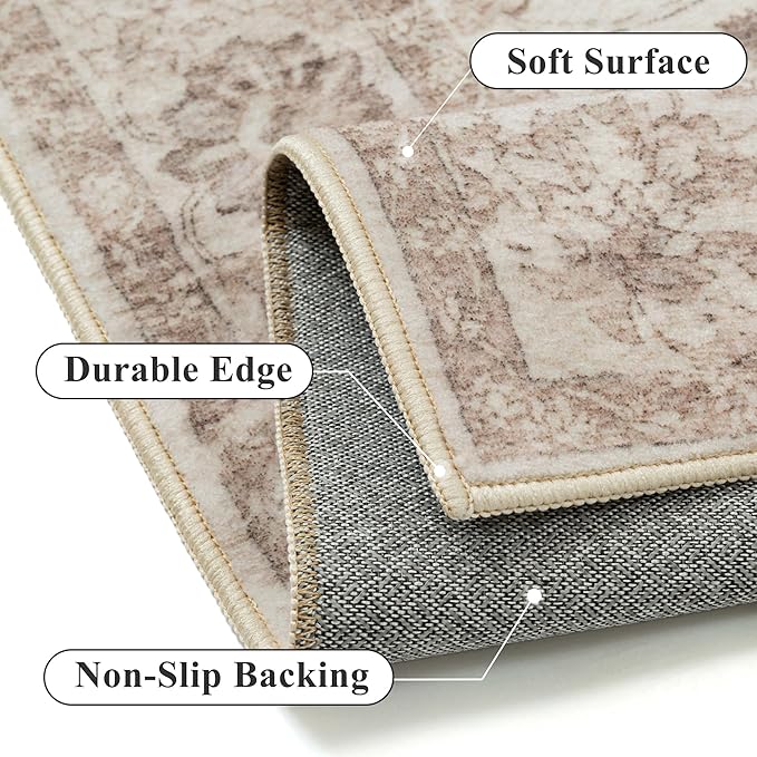 Washable Runner Rug 2x6 for Hallway Beige Neutral Vintage Long Carpet Soft Low Pile Non Slip Throw Rug Floral Distressed Accent Rug for Entryway Bathroom Office Laundry Dining Room