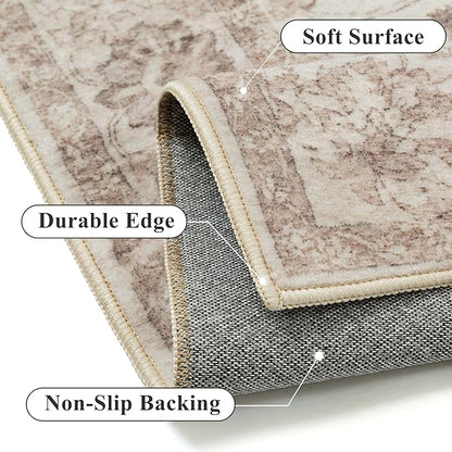 Washable Runner Rug 2x6 for Hallway Beige Neutral Vintage Long Carpet Soft Low Pile Non Slip Throw Rug Floral Distressed Accent Rug for Entryway Bathroom Office Laundry Dining Room
