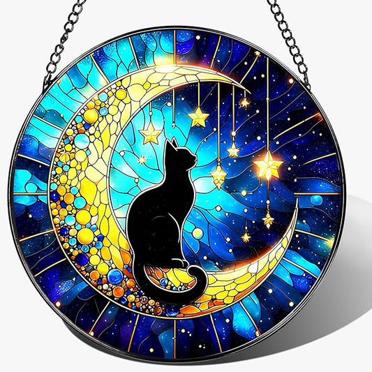 8 Inch Stained Glass Suncatcher Ornament, DOUHASU Black Cat Sun Catchers Indoor Window, Stained Glass Window Hanging, Indoor Decor, Home Decor Gift, Gifts for Cat Lovers, Pet Lover Gift