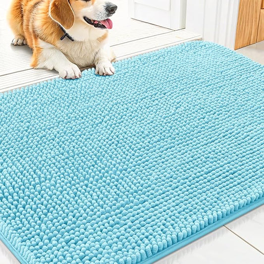 Smiry Dog Door Mat for Muddy Paws 30x20, Absorbs Moisture and Dirt Doormat, Non-Slip Washable Quick Dry Chenille Front Door Mat Indoor Entrance, Entryway Carpet for Inside Floor, Sky Blue