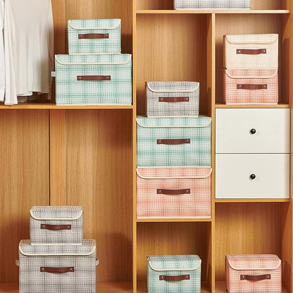 2PCS Storage Boxes with Lid 3D Textured Fabric Storage Bins Closet Organizer Containers Decorative Collapsible Washable Shelf Baskets with Faux Leather Handles (Light Salmon, Large Size)