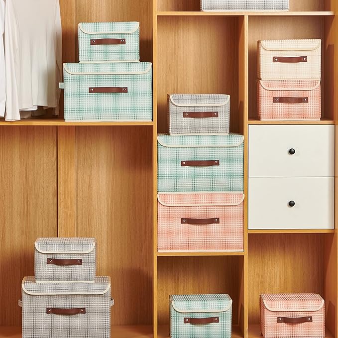 2PCS Storage Boxes with Lid 3D Textured Fabric Storage Bins Closet Organizer Containers Decorative Collapsible Washable Shelf Baskets with Faux Leather Handles (Light Salmon, Small Size)