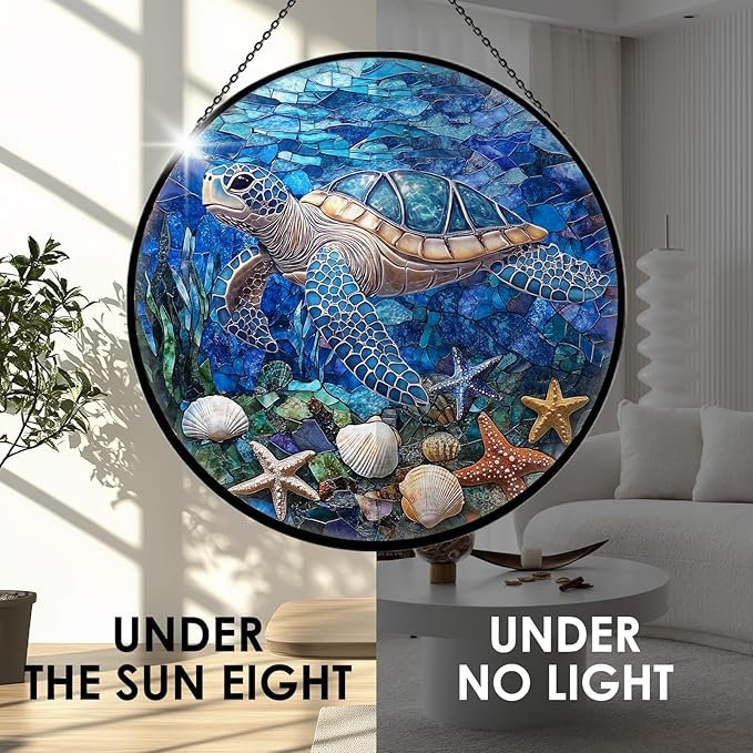 Sea Turtle Suncatcher Decor - Sea Turtles Gifts for Women - Turtles Stained Glass Window Hanging for Turtle Lovers - Blue Sea Glass Wall Art Home Decor Outdoor Garden for Women, Moms, Beach Lovers