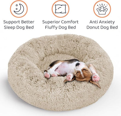 Donut Dog Bed - Premium Comfort for Anxiety Relief - Fluffy & Calming Design with Ultra-Plush Support | Cozy Round Dog Bed with Super Soft Circle Style (Beige, Large)