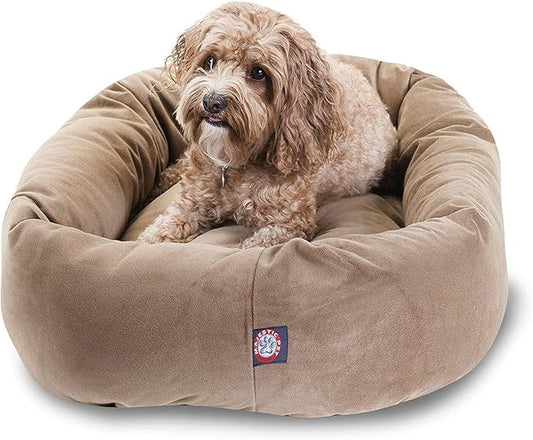 Majestic Pet 32 Inch Suede Calming Dog Bed Washable – Cozy Soft Round Dog Bed with Spine Support for Dogs to Rest Their Head - Fluffy Donut Dog Bed 32x23x7 (Inch) - Round Pet Bed Medium – Stone