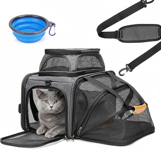 JUNGYOON Cat Carrier, Expandable Airline-Approved Soft-Sided Pet Travel Bag for Cats, Small Dogs & Small Pets, Breathable Mesh Design with Multi-Pockets & Fleece Pad (Light Grey)