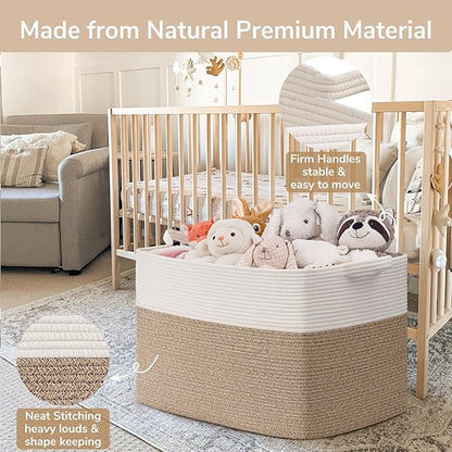 Goodpick Large Woven Blanket Basket 105L, 25"x16"x16" Cotton Rope Organizer for Toys, Dirty Clothes, Extra Large Rectangle Storage Basket for Living Room, Bedroom, White & Brown