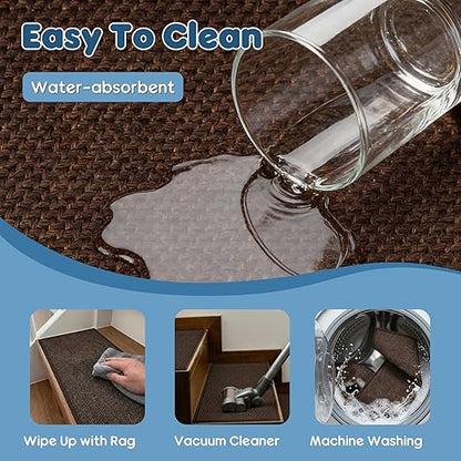 Peel and Stick Self Adhesive Jute Carpet Stair Treads, 15 Pack Rubber Backed Basement Safety Stair Mats, Non Slip Stair Cover Step Pads for Stairs, Deep Brown