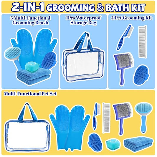 8PCS Dog Slicker Brush for Dogs Grooming Kit,Bath Grooming Kit for Pets,Hair Brush Set with Towel,Washing Gloves,Slicker Comb,and Shampoo Scrubber Brush for Small and Large Dogs and Cats(Blue)