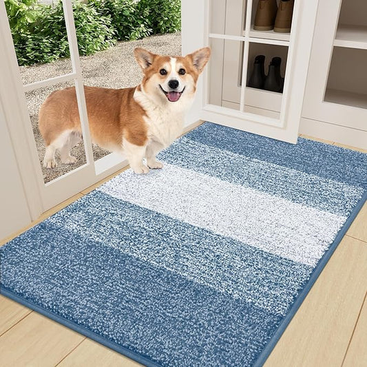 Smiry Dog Door Mat for Muddy Paws, Absorbs Moisture and Dirt, Low-Profile Entryway Mat with Non-Slip Backing, Entry Indoor Outdoor Doormat for Inside Floor (36x24 Inches, Light Blue, Striped)