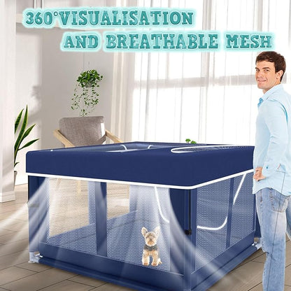 42x42 Inch Puppy Playpen with Cover, Dog Playpen for Puppies or Small Dogs, Pet Fence for Indoor & Outdoor, Sturdy Safety DogPen with Thickened Fabric, High-Strength Nylon Wire Mesh, Blue