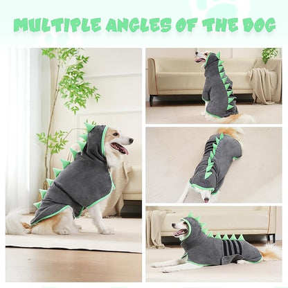 Super Absorbent Dog Bathrobe, Microfiber Bath Robe Towel for Fast Drying, Cozy Fit, Adjustable Belly Strap, Unique Dinosaur Design Dog Drying Coat for Bath, Rainy Walks & Cold Weather