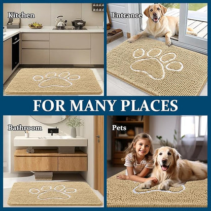 OLANLY Dog Door Mat for Muddy Paws 47x17, Paw Print Design, Absorbs Moisture and Dirt, Absorbent Non-Slip Washable Doormat, Quick Dry Chenille Mud Mat for Dogs, Entry Indoor Entryway Carpet, Beige
