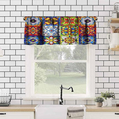 Mexico Valance Curtains Mexican Talavera Ceramic Colorful Tile Patchwork Pattern Window Treatment Valances Short Curtains Rod Pocket Drape for Dining Room Home Kitchen Decor, 54x18inch