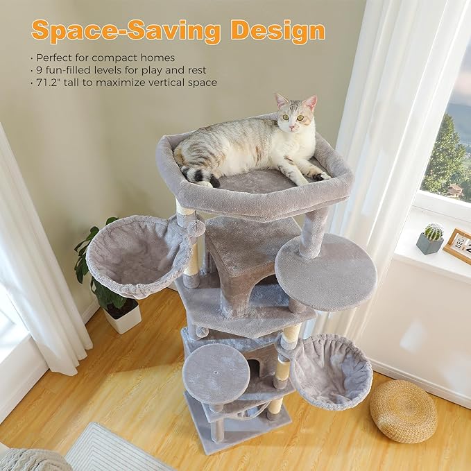 MUTTROS 71.2" Tall Cat Tree for Indoor Cats - 9-Level Multi-Cat Tower w/5 Sisal Scratching Posts, 2 Condos, 3 Hammocks, Perch & Pom Poms - Heavy-Duty for Adult Cats, Space-Saving Plush Gray