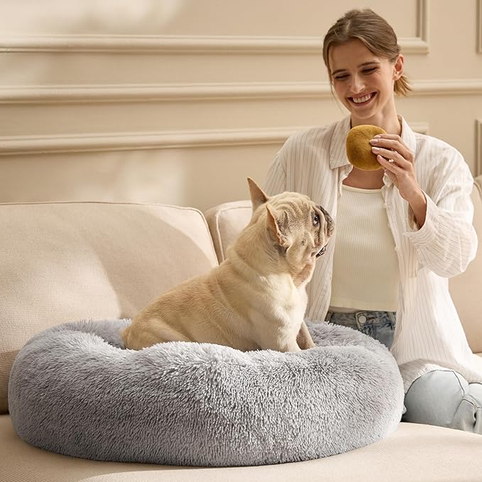 Bedsure Calming Cat Beds for Indoor Cats - Small Cat Bed Washable 20 inches, Anti-Slip Round Fluffy Plush Faux Fur Pet Bed, Fits up to 15 lbs Pets, Pale Grey