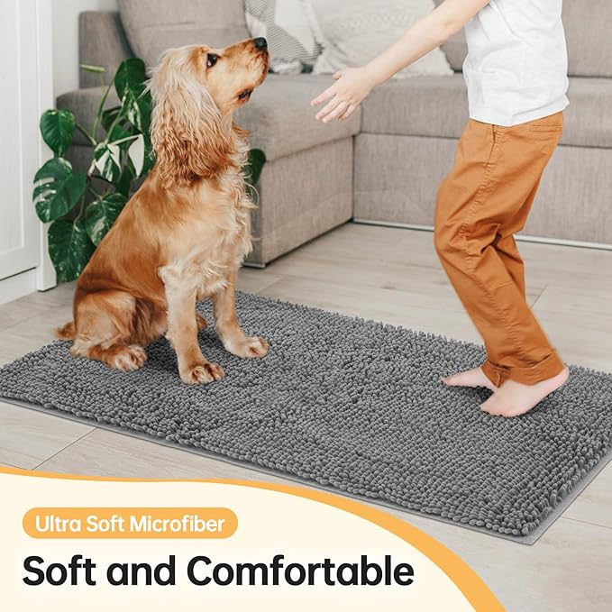 Absorbent Dog Door Mat for Muddy Paws, 60" x 48" Chenille Indoor Mats for Entryway, Trap Dirt Front Door Mat Indoor Entrance Washable Non Slip Soft Light Grey